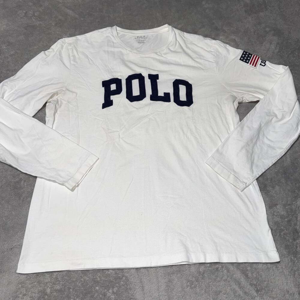 Polo Ralph Lauren Mens White Long Sleeve Graphic T-Shirt US Flag Patch Size L